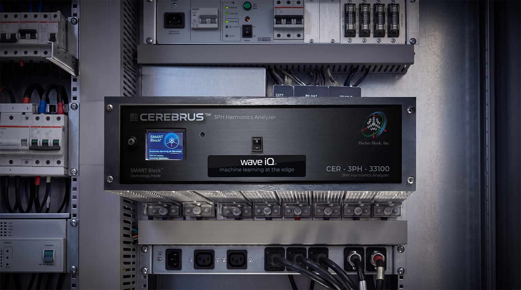Cerebrus 3PH harmonics analyzer rack-mounted in an industrial control cabinet