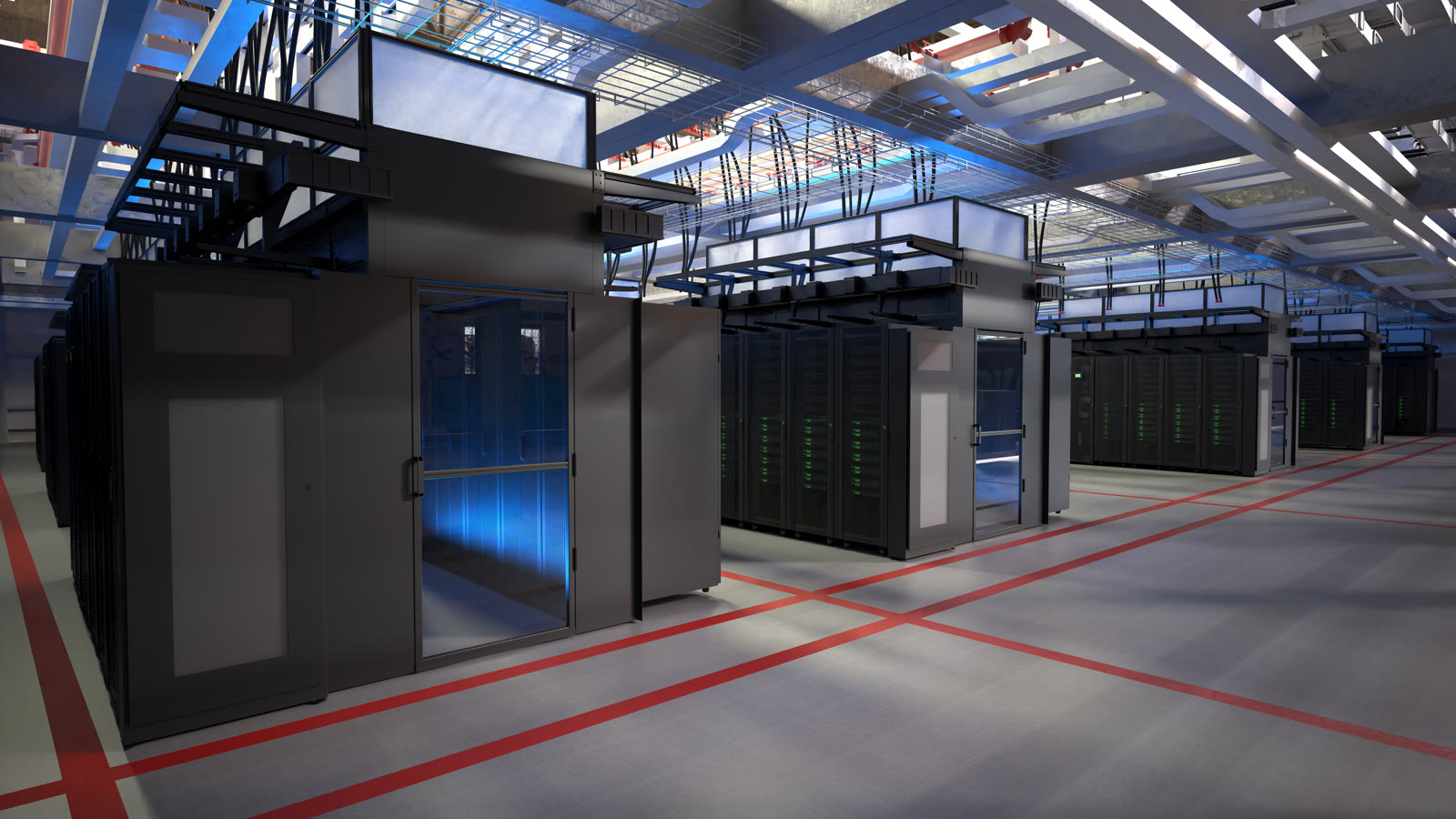 Row of server racks and PDiU-equipped power distribution enclosures in a data center