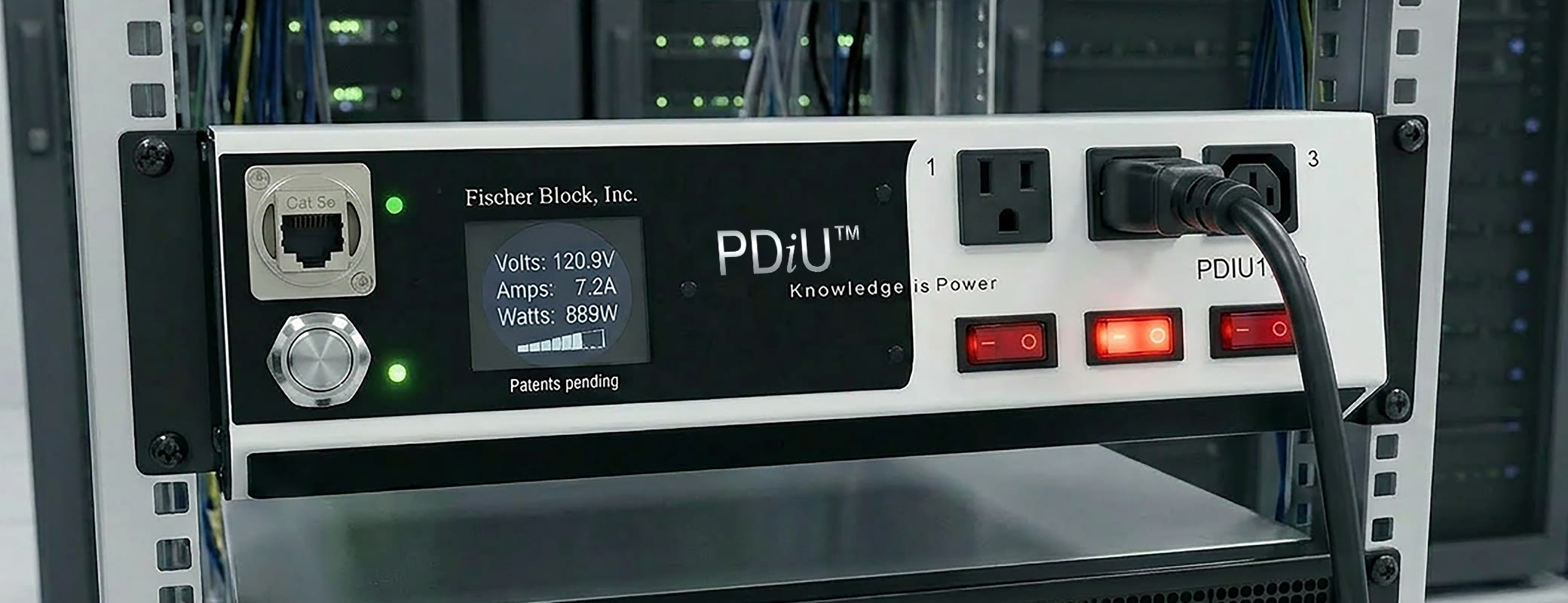 PDiU unit rack-mounted in a data center, its front panel displaying live volts, amps, and watts