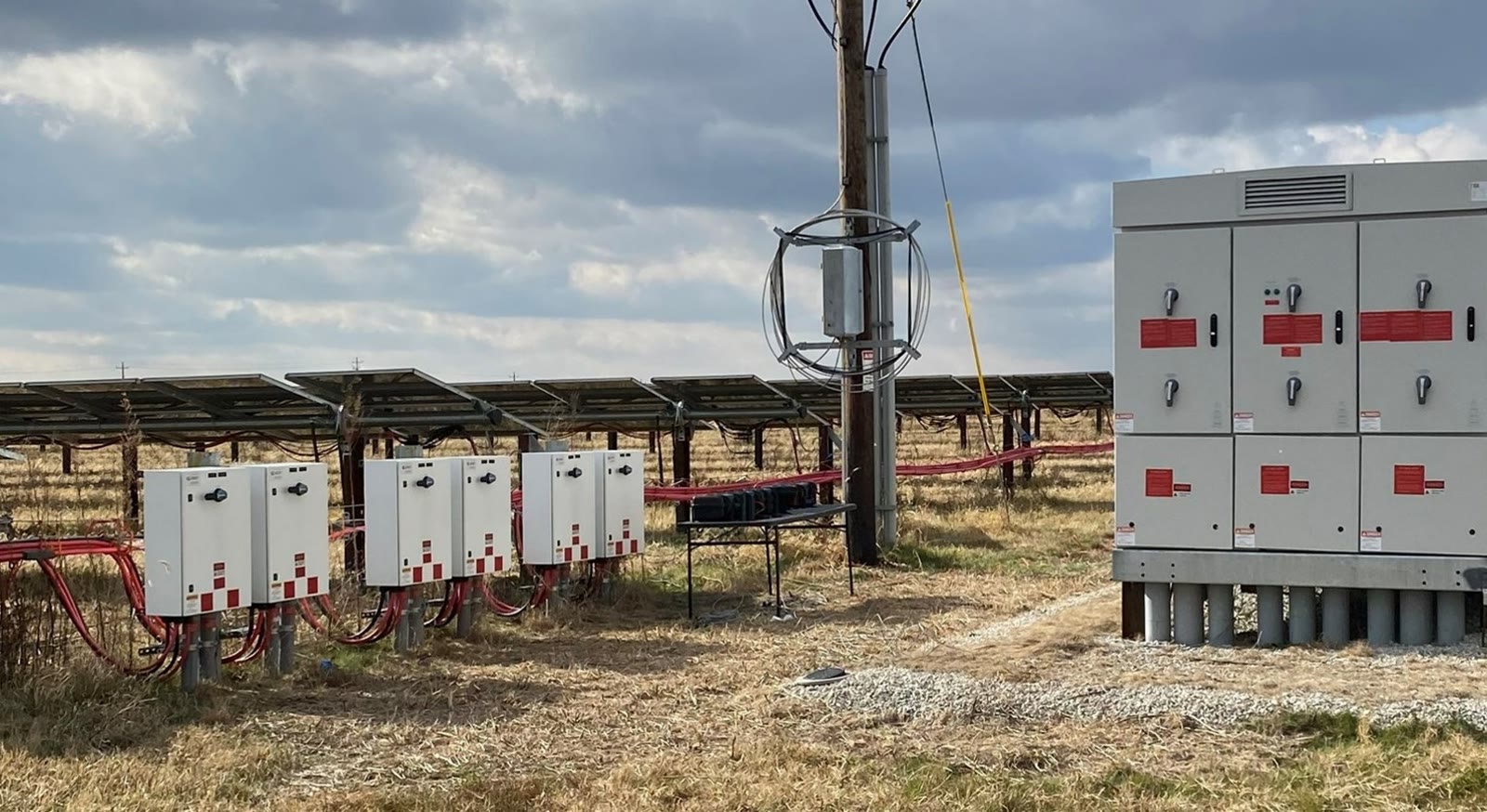 Combiner boxes and switchgear at a utility-scale solar site