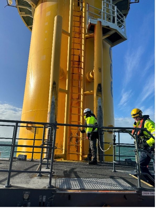 Technicians boarding an offshore wind turbine platform