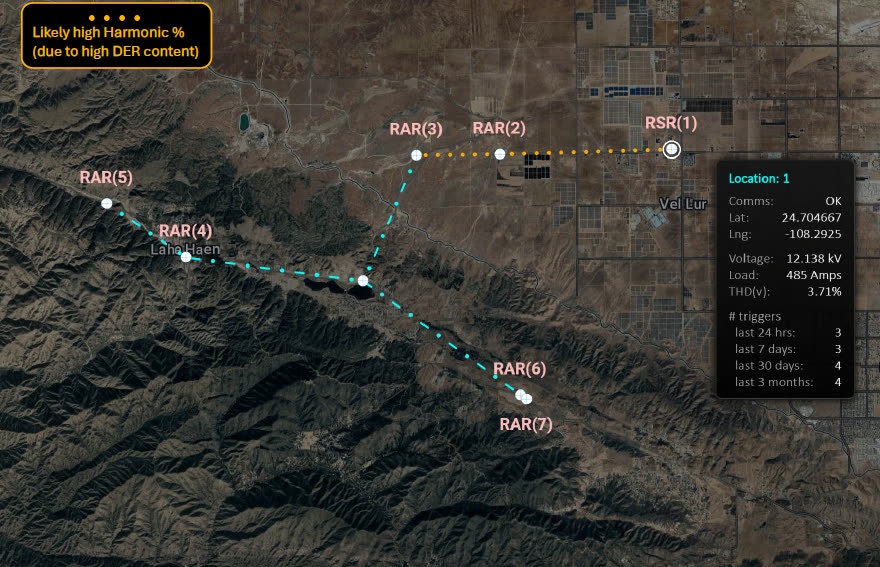 wave iQ geographic map view showing monitored line locations with live voltage, load, and harmonic distortion for a selected site