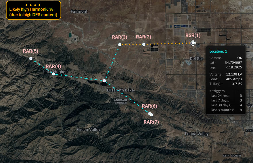 wave iQ geographic map view showing monitored line locations with live voltage, load, and harmonic distortion for a selected site